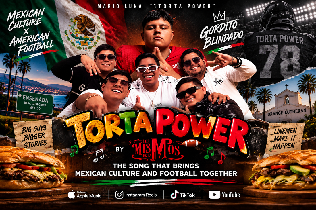 Mario Luna Torta Power with Los Mismos De La M, the band behind the Torta Power Mexican American football corrido inspired by the Orange Lutheran offensive lineman from Ensenada, Baja California.